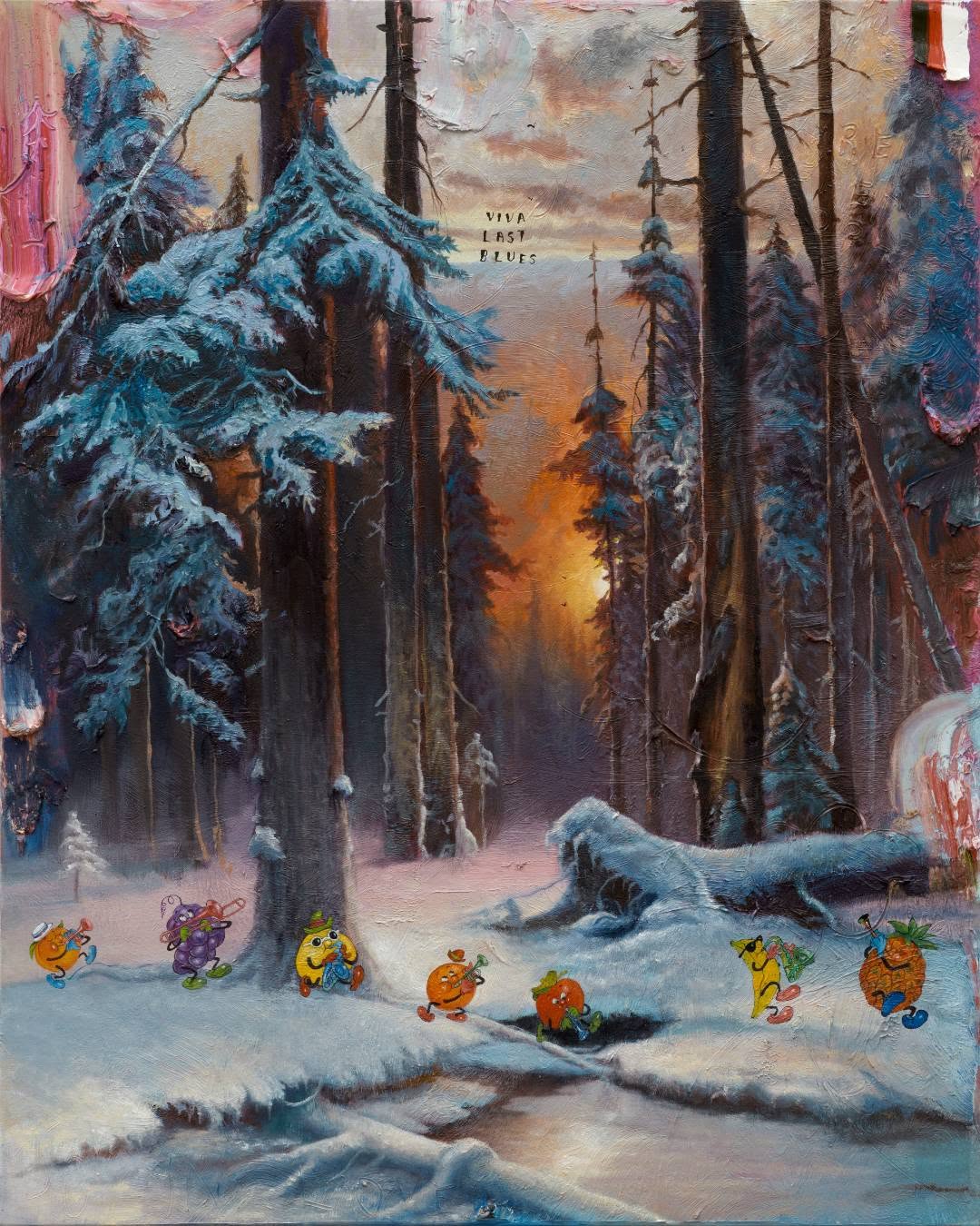 Whimsical painting features anthropomorphic fruits in a snowy forest clearing at sunset, creating a playful and surreal visual experience.