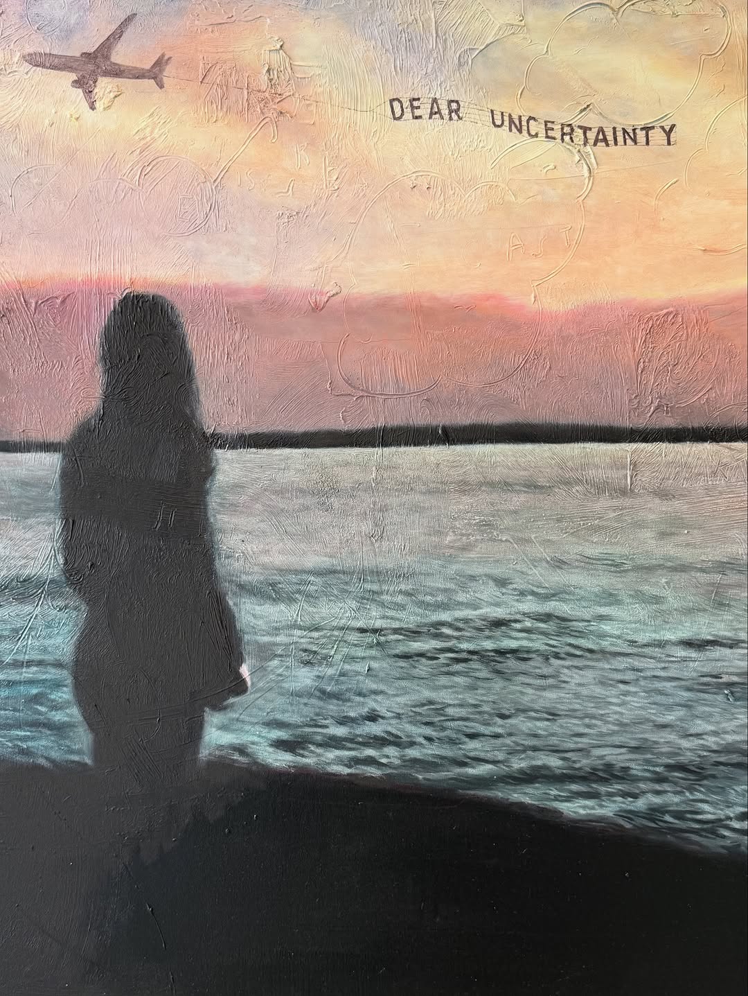 Abstract painting of a woman standing on a beach, looking out at the ocean at sunset, with an airplane in the distance.