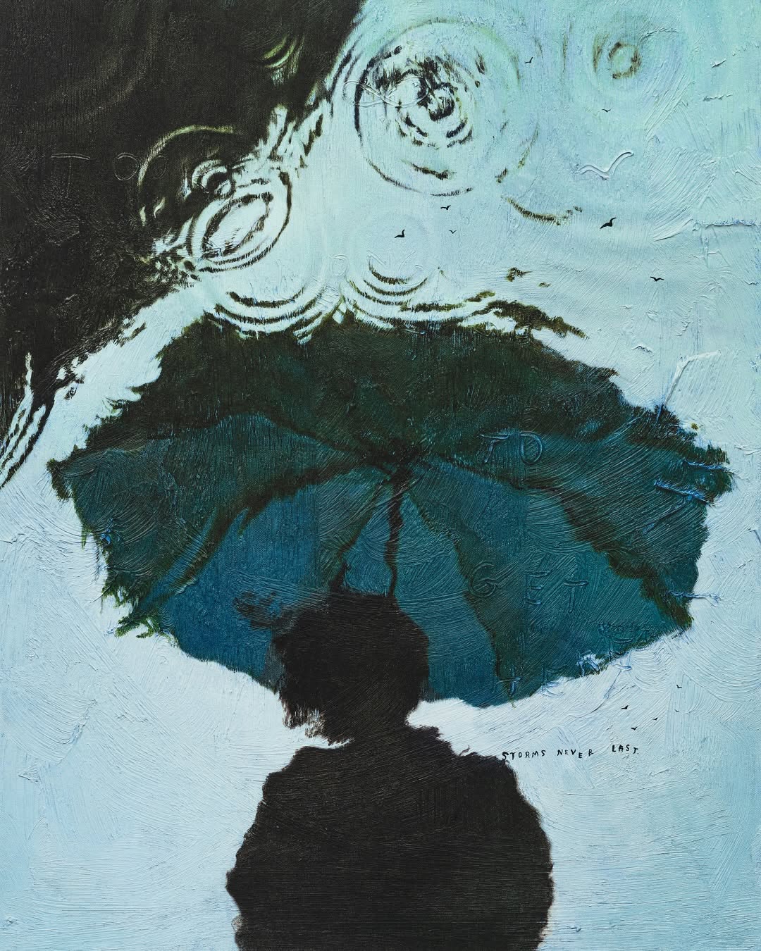 Illustration of a person under a dark umbrella in the rain, with concentric circles and abstract bird shapes above.