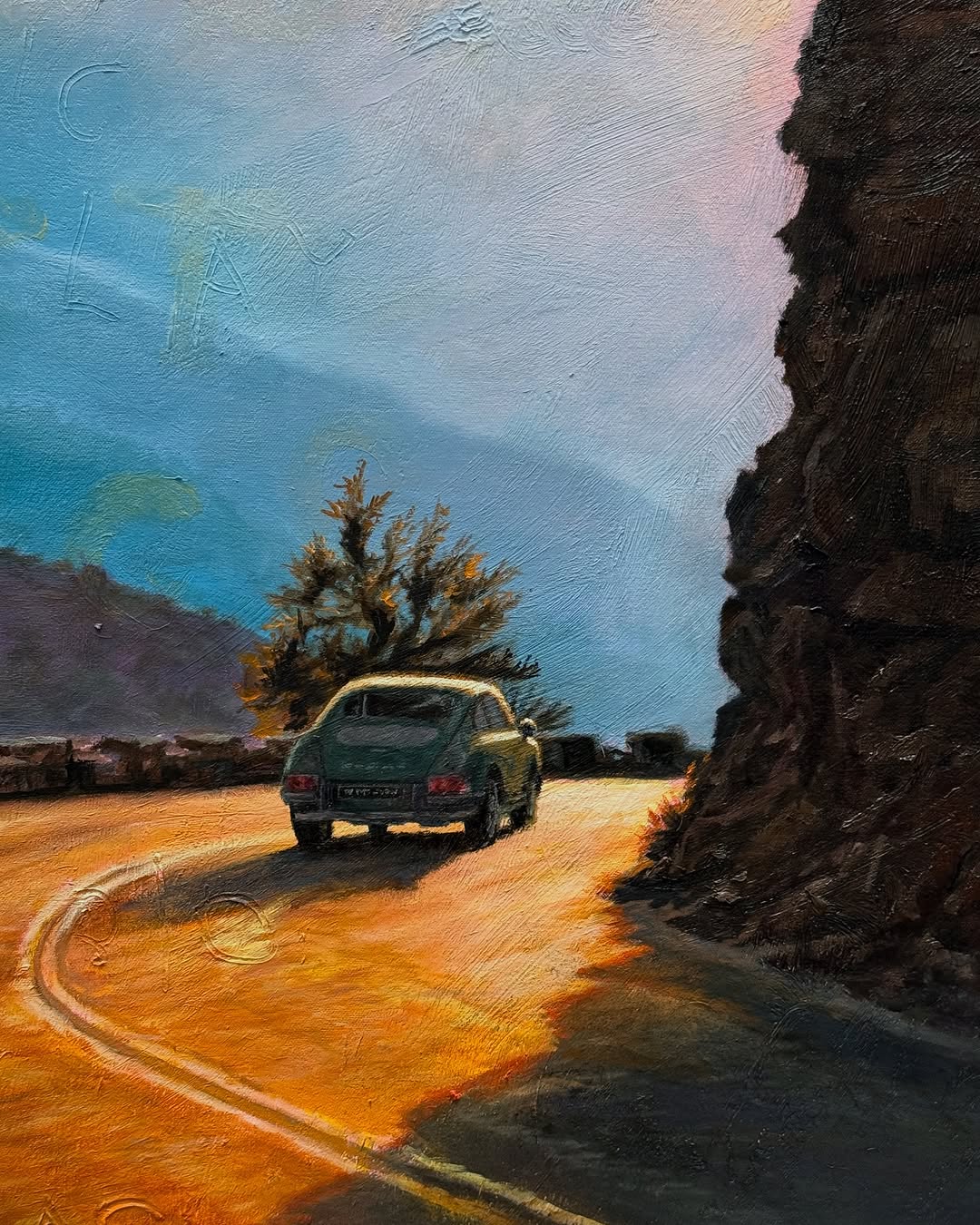 Painting of a green classic car driving on a winding road along a rocky cliff during golden hour with mountains in the background.