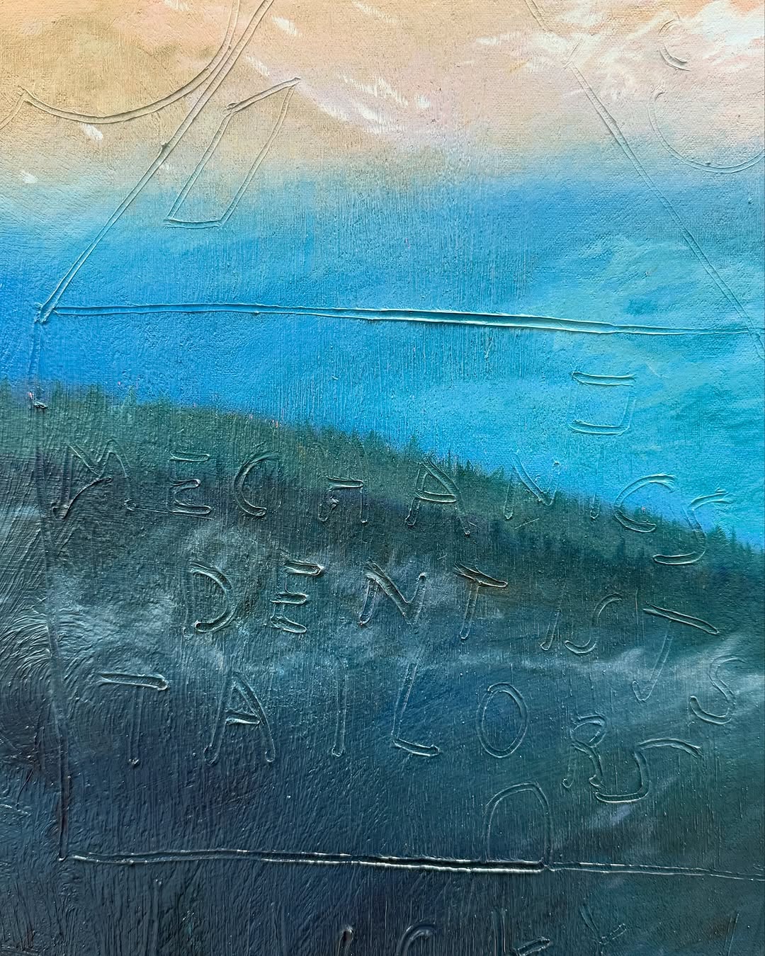 Painterly landscape featuring a blue body of water with trees in the distance and a textured surface with words in the foreground.