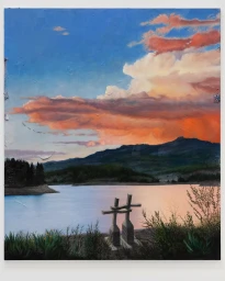 Oil painting by Friedrich Kunath of a serene lake landscape at sunset with two stone crosses on the shore beneath dramatic colorful clouds.