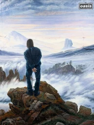 Illustration by Friedrich Kunath of a person standing on a rocky outcrop looking over a vast foggy mountainous landscape under an overcast sky.