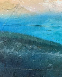 Textured painted landscape artwork with etched lettering across blue tones and an outlined house drawing above a forested hill