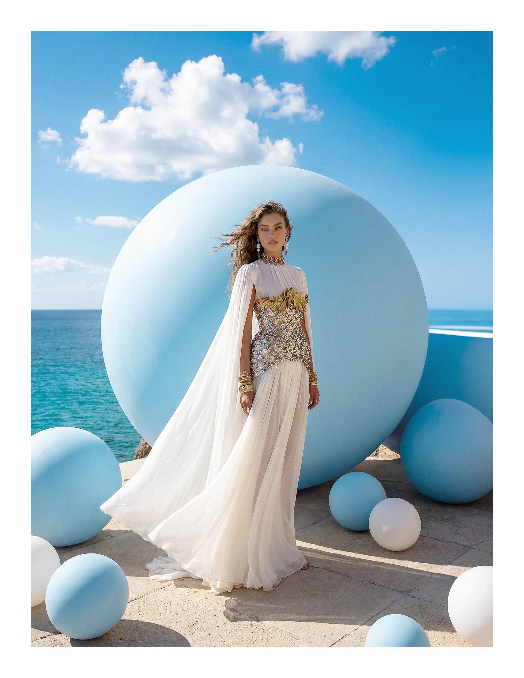 A woman in a flowing gown stands on a terrace surrounded by light blue spheres, against a backdrop of ocean and sky on a sunny day.