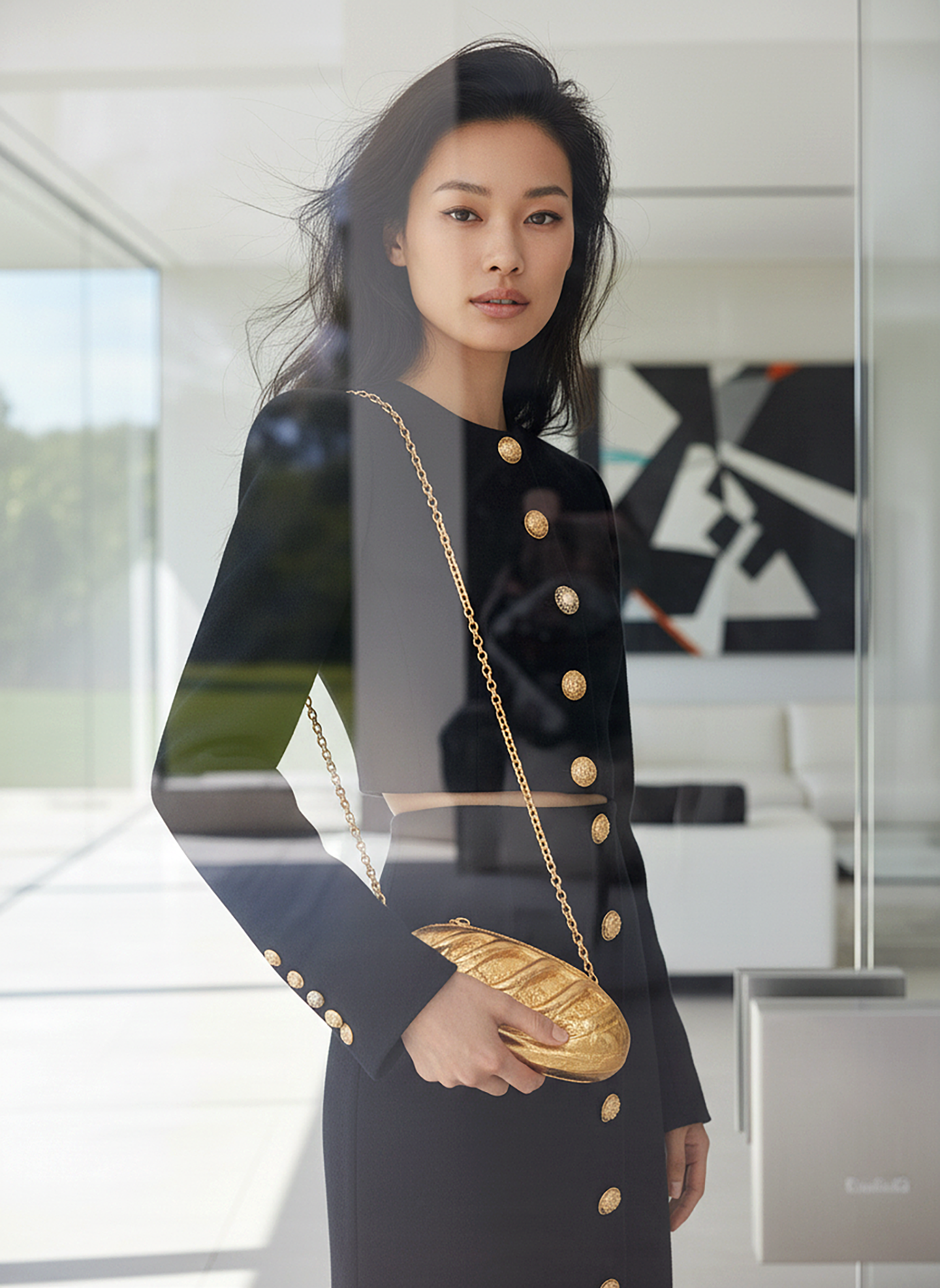 Asian woman in black dress with gold clutch, posing in modern, naturally lit interior with geometric art, captures fashion elegance.