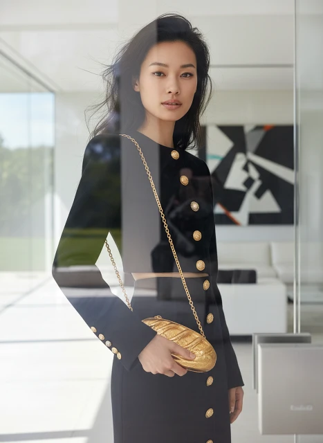 Asian woman in black dress with gold clutch, posing in modern, naturally lit interior with geometric art, captures fashion elegance.
