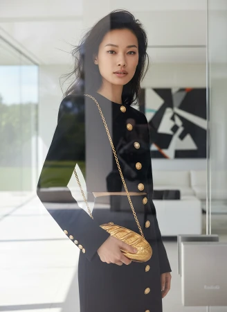 Asian woman in black dress with gold clutch, posing in modern, naturally lit interior with geometric art, captures fashion elegance.