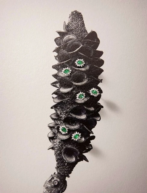 Close-up of a brown banksia flower spike with green and white jewel embellishments against a white backdrop, capturing botanical art.
