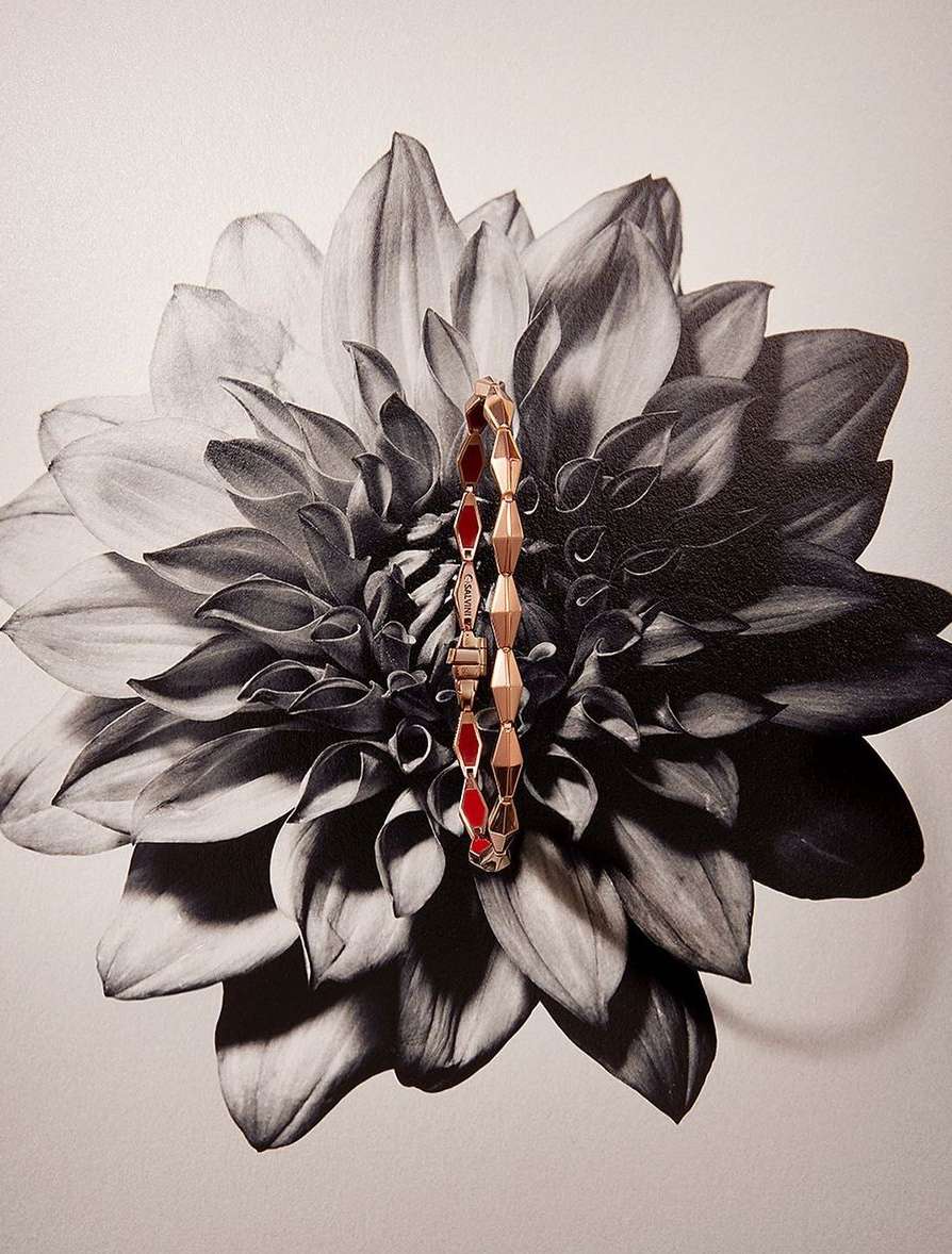 Close-up studio shot of a gold and red beaded bracelet against a black and white floral background, jewellery advertisement.