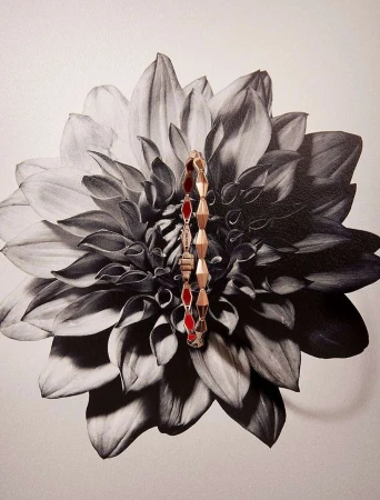 Close-up studio shot of a gold and red beaded bracelet against a black and white floral background, jewellery advertisement.