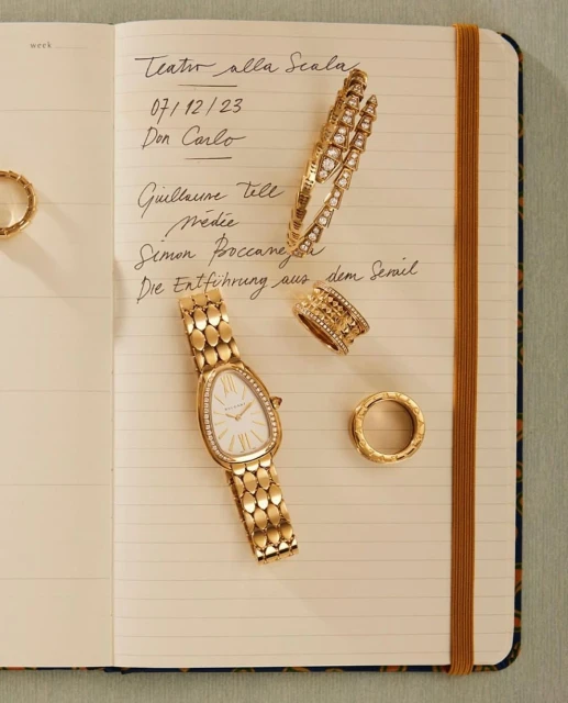 Gold jewelry and watch displayed on an open notebook; Bulgari watch, bracelet, and rings on a lined page with handwritten text.