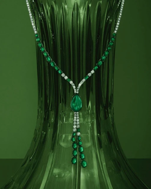 Elegant emerald and diamond necklace draped against a textured green backdrop, highlighting jewelry's sparkle and gem details.