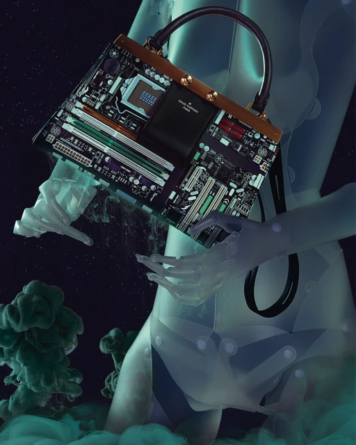 Fashion shot of a purse that resembles a computer motherboard held by a translucent mannequin against a dark background with green fog.