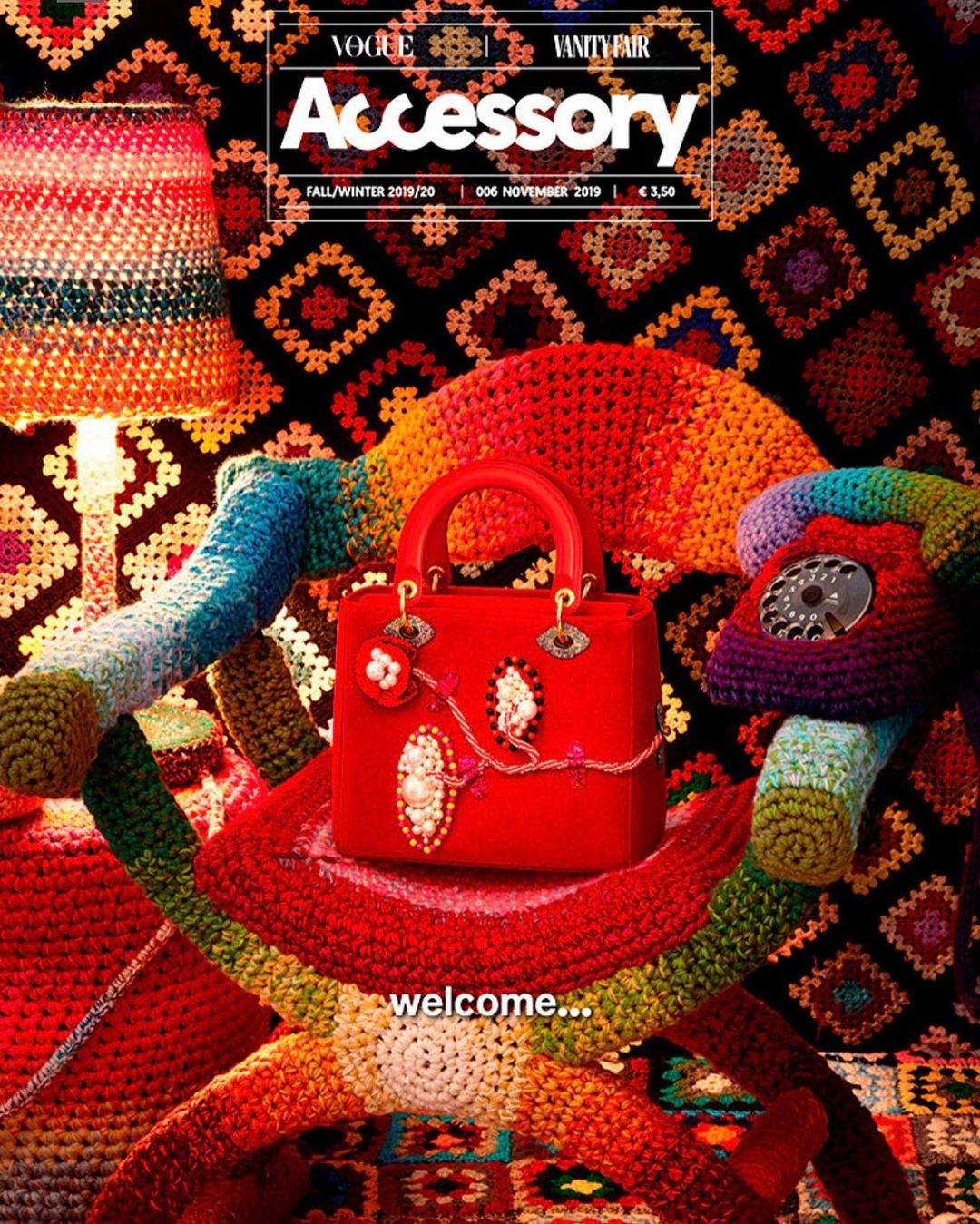 Vogue and Vanity Fair Accessory magazine cover featuring a red handbag with pearl embellishments surrounded by colorful crochet items.