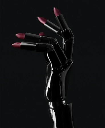 Black robotic hand holding three red lipsticks in a dark studio environment, showcasing beauty and technology integration with dramatic lighting.