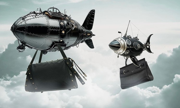 Two steampunk-style airships, one resembling an airship and the other a fish, carry fashionable handbags in a whimsical sky setting.