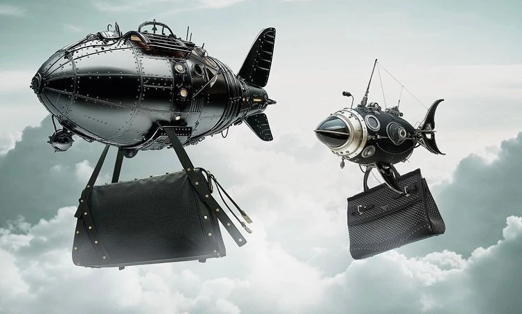 Two steampunk-style airships, one resembling an airship and the other a fish, carry fashionable handbags in a whimsical sky setting.