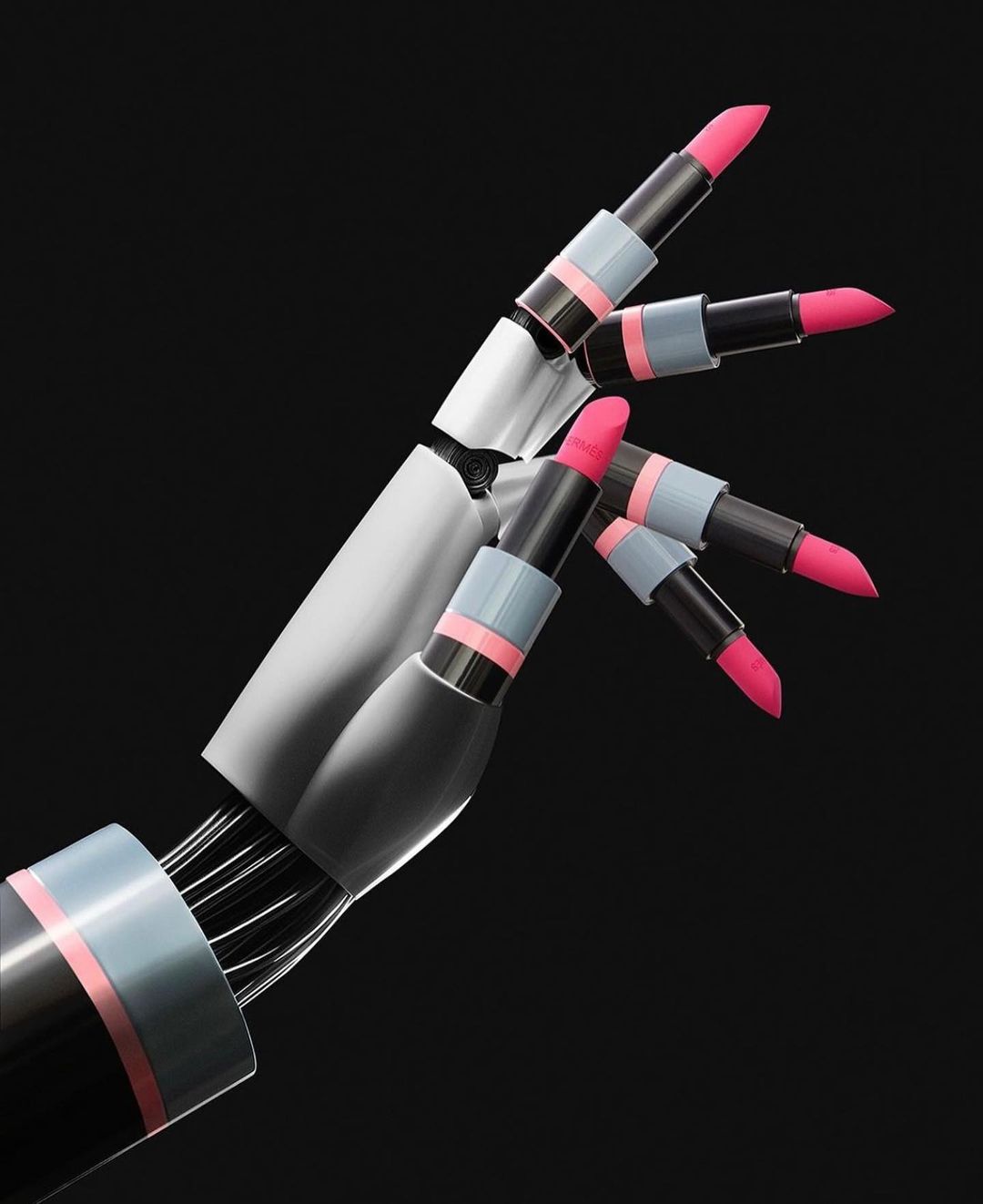 Digitally rendered robotic arm with black, white, and blue parts and lipstick tubes for fingers against a solid black backdrop.