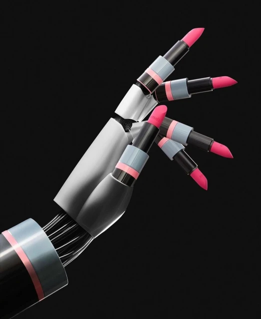 Digitally rendered robotic arm with black, white, and blue parts and lipstick tubes for fingers against a solid black backdrop.