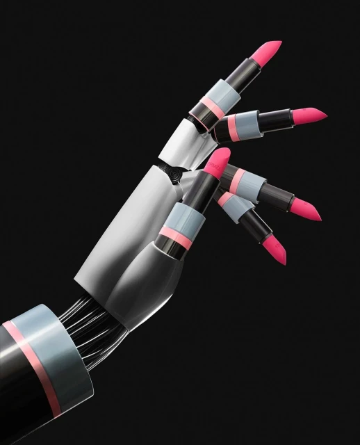 Conceptual beauty image of a grey robotic arm holding pink lipstick tubes on a black backdrop for beauty and technology advertising.