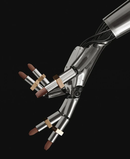 Abstract robotic hand displaying brown lipsticks with gold bands on a black background in a studio setting, beauty product concept.