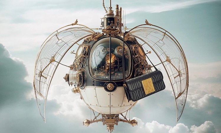 Steampunk airship with gold detailing and a black purse flies through a cloudy sky in a fantastical, imaginative digital art piece.
