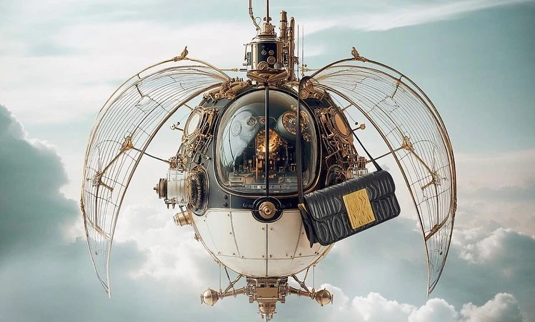 Steampunk airship with gold detailing and a black purse flies through a cloudy sky in a fantastical, imaginative digital art piece.