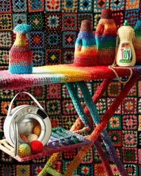 Colorful crochet-covered household objects and ironing board against a granny square crocheted background