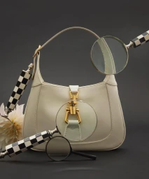 White leather shoulder bag with gold hardware surrounded by multiple magnifying glasses against a dark background