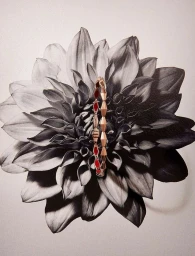 Rose gold geometric bracelet resting vertically over a black and white floral illustration on paper