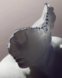 Close-up studio photograph of a sapphire and diamond necklace draped over a white plaster classical bust by Fulvio Bonavia.