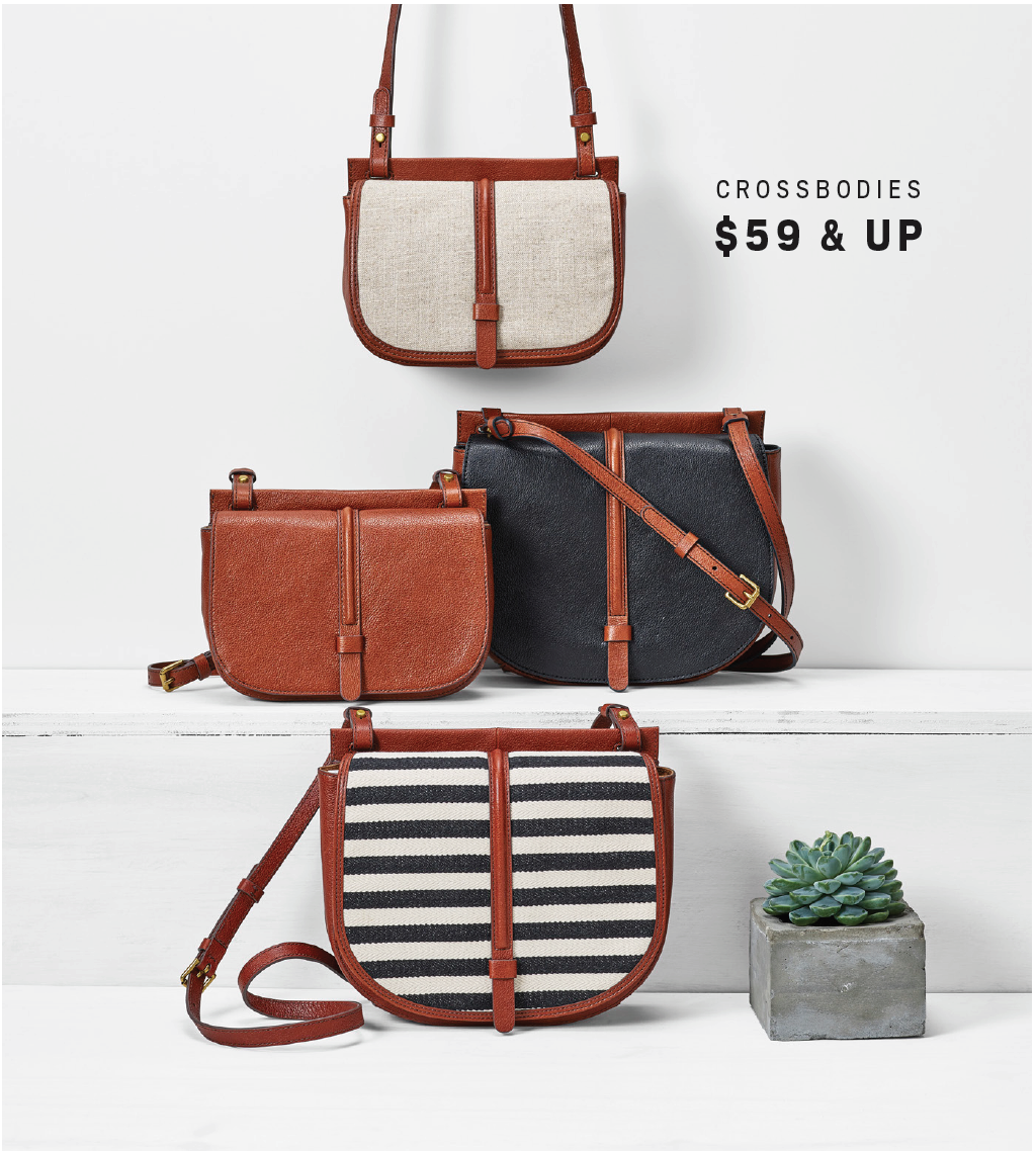 Three crossbody purses in varying styles, leather trim, and patterned canvas are displayed against a white backdrop with a succulent.