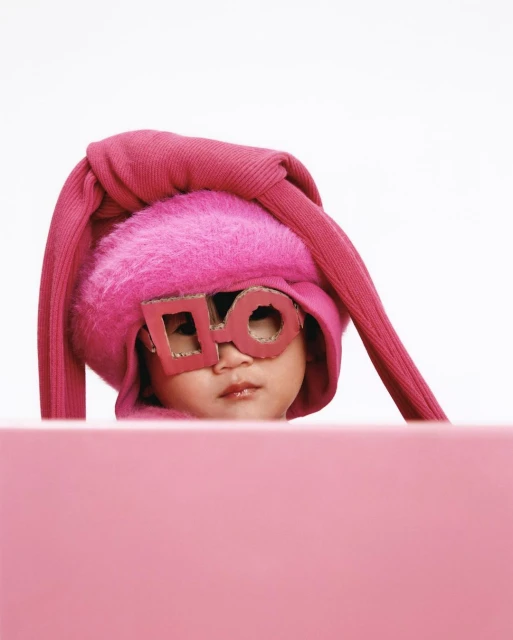 Portrait of child with pink fluffy hat and DIY cardboard glasses posing in front of a pink block against a white background.