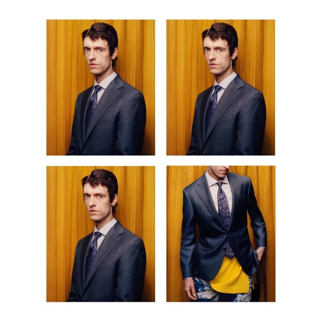 Multiple portraits of a man in a grey suit against a mustard-yellow backdrop. The images are arranged in a grid format.