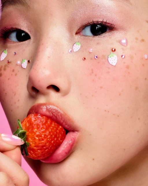 Close-up of a young woman with strawberry stickers on her face, playfully eating a fresh strawberry against a pink background.