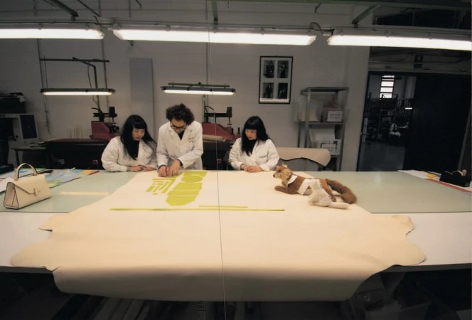 Three people in lab coats work at a table with a handbag, templates, material, and a fox toy in a bright indoor setting.