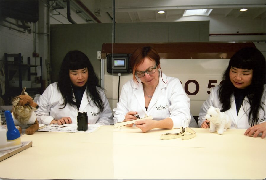 Three women in lab coats work at a table, two with stuffed animals, in a brightly lit indoor setting. One woman is writing.