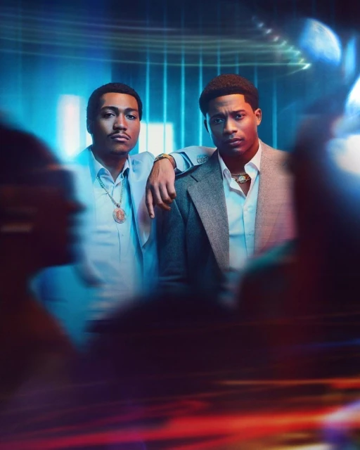 Two African American men in jackets and jewelry pose indoors with blue lighting and a blurred background, creating a stylish portrait.