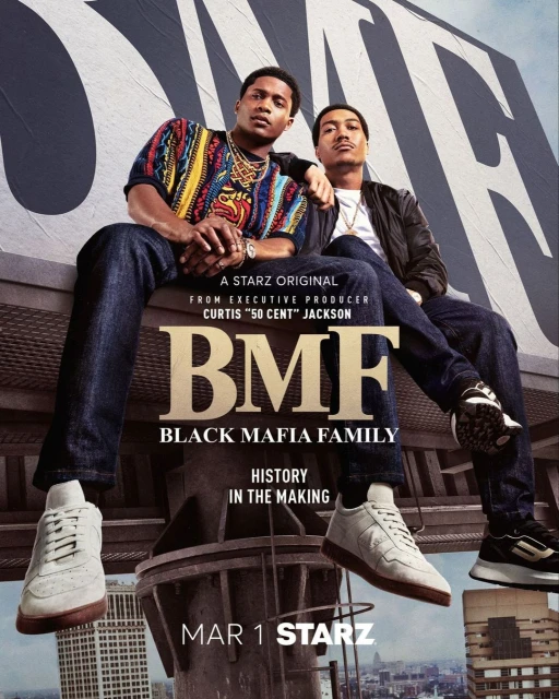 Movie poster for Starz's BMF (Black Mafia Family) featuring two adult men in jeans and sneakers, sitting on a roof with a city skyline background.
