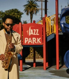 Man in a tan coat wearing sunglasses playing a saxophone outdoors near a red Jazz Park sign in Los Angeles.