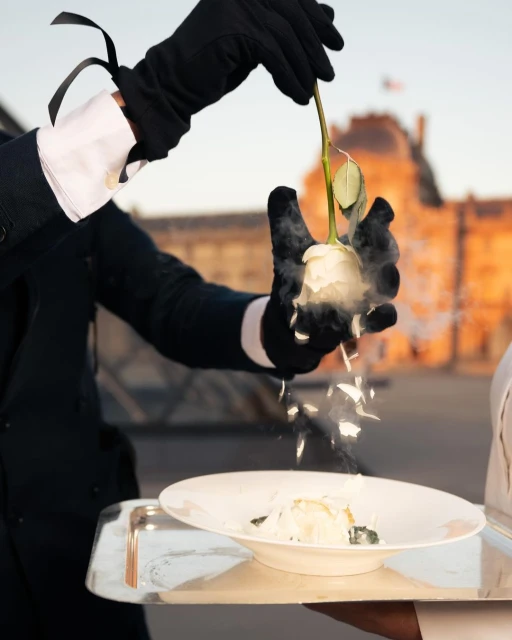 Elegant food presentation with gloved hands holding a white rose over a plate, set against a blurred cityscape backdrop at daytime.
