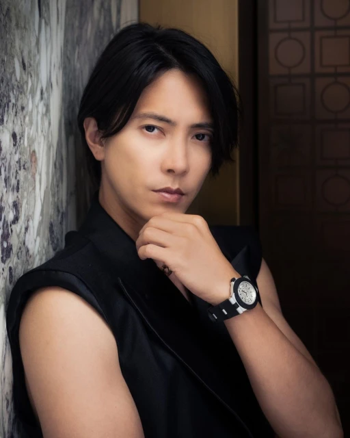 Portrait of an Asian man in a sleeveless black vest leaning against a patterned wall, looking at the camera with a serious expression.