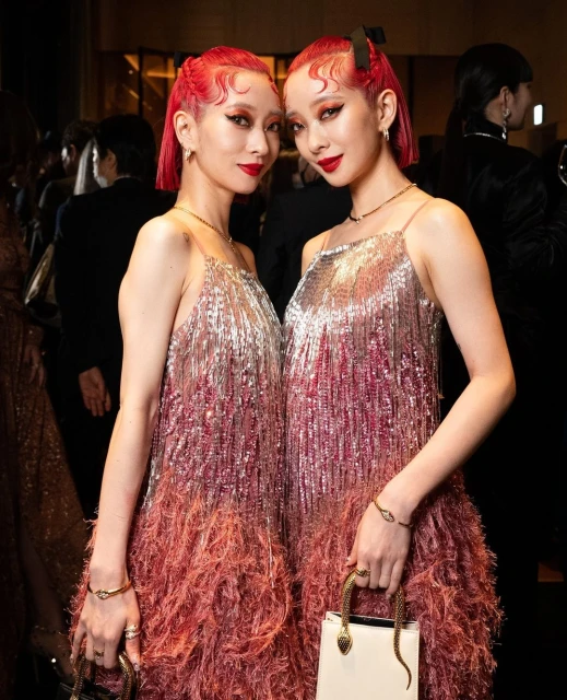 Two adult women with red hair in matching silver and pink fringed dresses hold handbags at an indoor event with a blurred background.