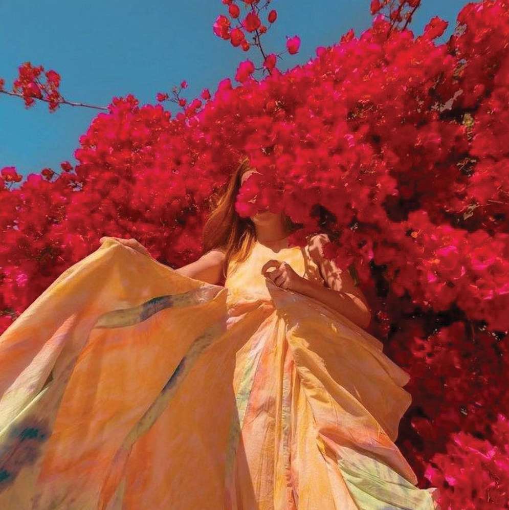Low-angle view of a woman in a flowing yellow dress amidst vibrant red bougainvillea flowers under a clear blue sky, creating a vivid scene.