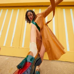 Low angle fashion portrait of a woman wearing a camel trench coat and multi-toned loafers in front of a yellow striped wall.