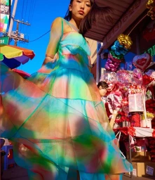Woman in a vibrant multi-colored sheer tiered dress posing on an outdoor street market with balloons