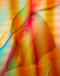 Portrait of a person partially obscured behind colorful translucent fabric creating a prismatic blur effect