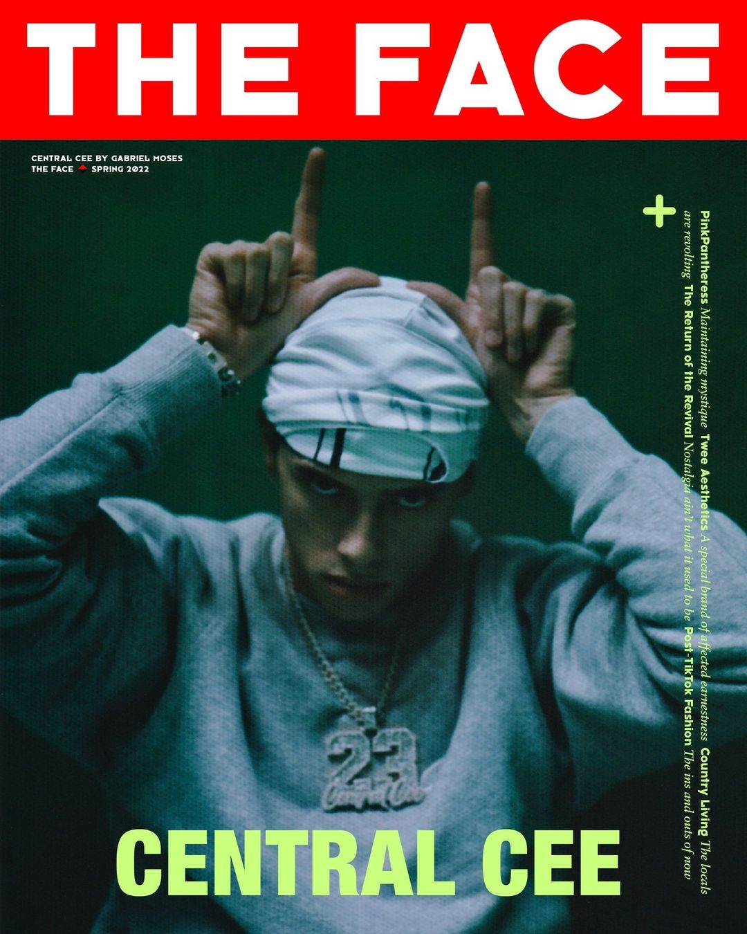 Magazine cover featuring Central Cee with his hands in the air, wearing casual streetwear and jewelry, over a green background with bold typography.