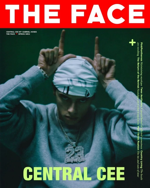 Magazine cover featuring Central Cee with his hands in the air, wearing casual streetwear and jewelry, over a green background with bold typography.